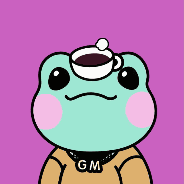 a frog wearing a gm necklace has a cup of coffee on his head