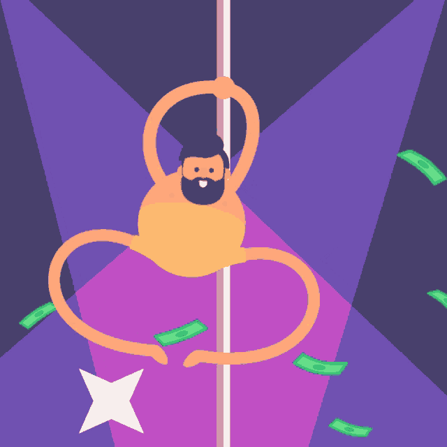a man with a beard is dancing on a pole with money around him
