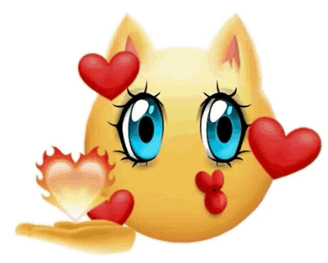 a yellow smiley face with blue eyes and red hearts around its eyes is blowing a kiss .