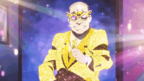 a man in a yellow suit and sunglasses is dancing