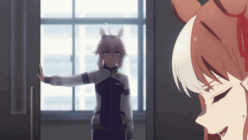 two anime characters are standing next to each other in a room with a window