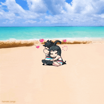 a couple of cartoon characters hugging on a beach