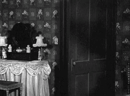 a black and white photo of a room with a skull in the mirror and a door .
