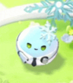 a blue and white cartoon character with a snowflake on its head .