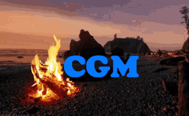 a blue cgm logo is above a fire on a rocky beach