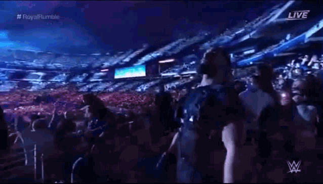 a man is standing in front of a crowd at a wrestling match .
