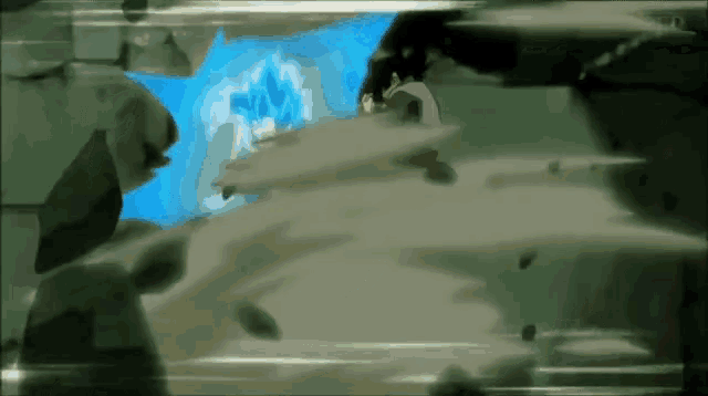 a cartoon character is fighting a monster with a blue light coming out of it .