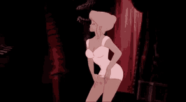 a cartoon woman in a white dress is standing on a stage .