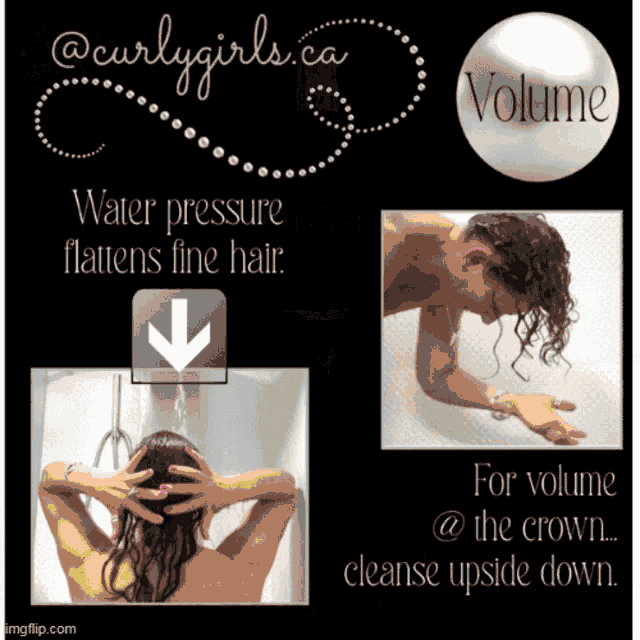 a picture of a woman taking a shower with the words water pressure flattens fine hair