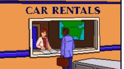 a pixel art of a car rental counter