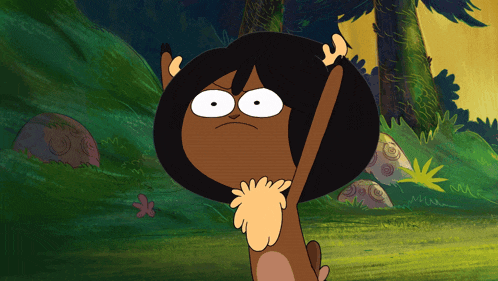 a cartoon character is standing in a grassy area with trees in the background