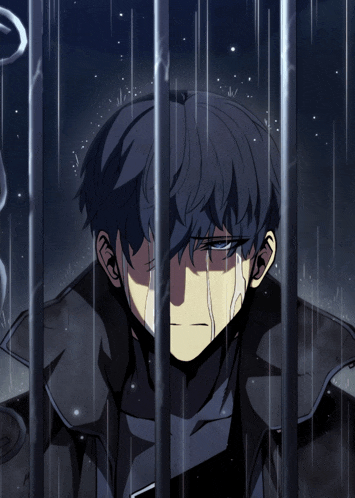 a cartoon of a man behind bars with tears coming out of his eyes