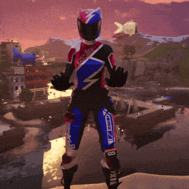 a person wearing a helmet and a blue and red outfit with the letters rk on the pants
