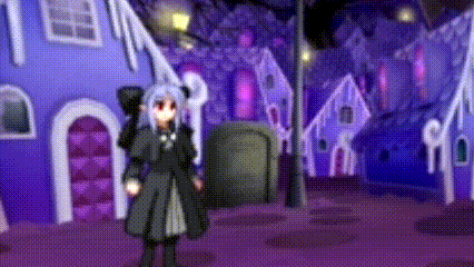 a cartoon character is standing in front of a purple building in a video game .