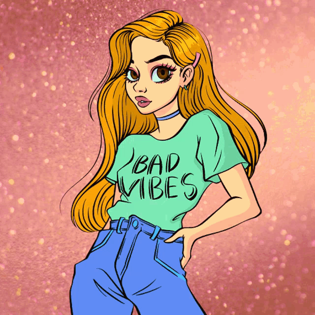 a drawing of a girl wearing a bad vibes shirt