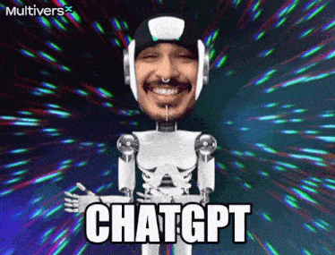a robot is smiling and says chatgpt on a colorful background