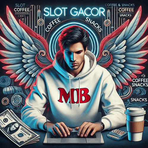 a man wearing a mob hoodie is typing on a laptop computer