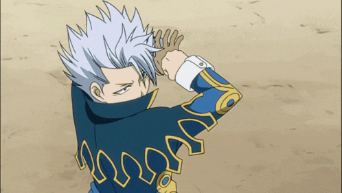 a cartoon character with white hair and a blue jacket has a pattern on his sleeves