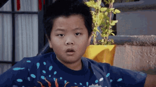 a young boy wearing a blue shirt with fish on it is making a surprised face