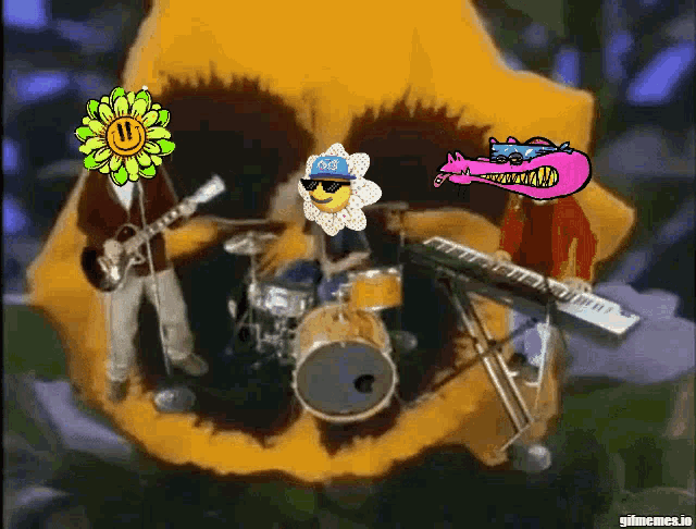 a group of cartoon characters are playing instruments and one of them has a smiley face on his head