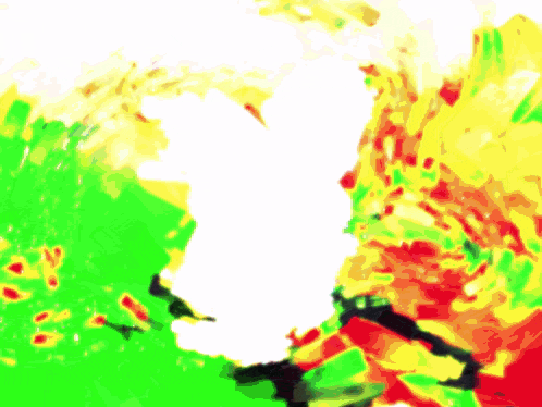 a green yellow and red painting with a white background