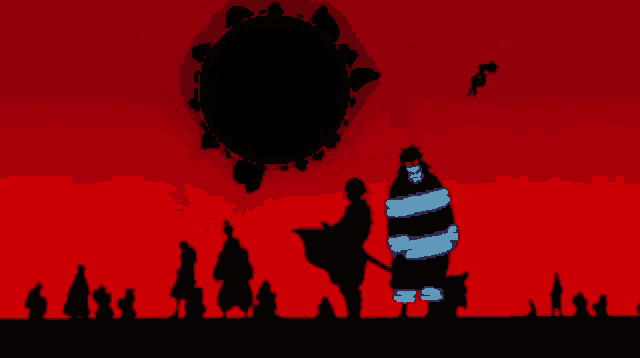 a group of people are standing in front of a red background