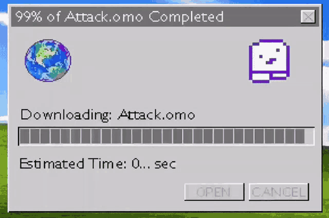 a computer screen shows that 99 % of attack.omo is complete