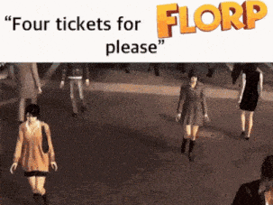 a group of people walking down a street with the words " four tickets for please " above them