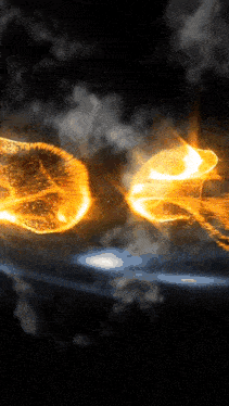 a basketball is on fire in a dark sky