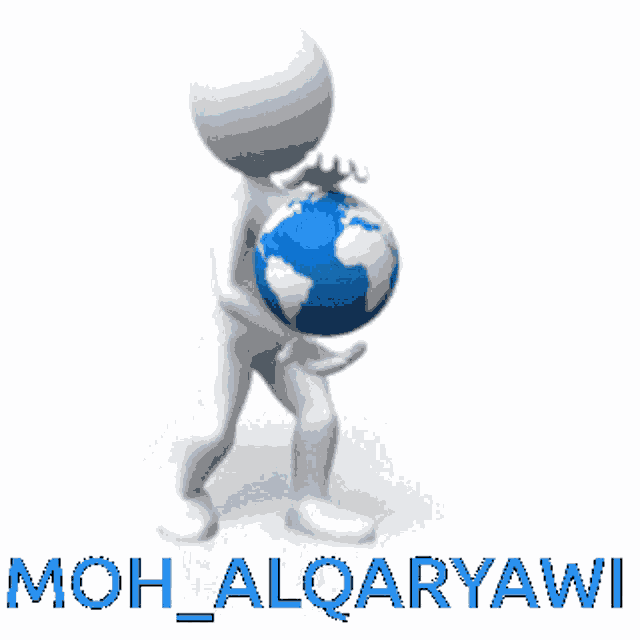 a 3d man holding a blue ball with the name moh alqaryawi