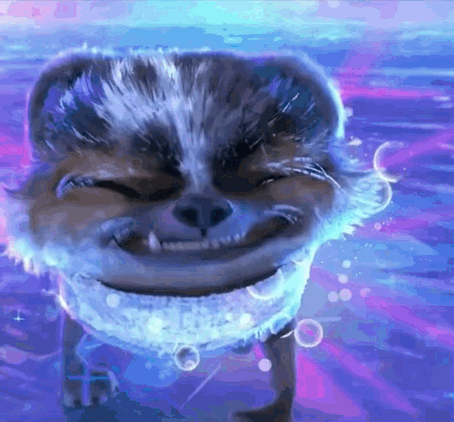 a cartoon dog with a sweater around its neck is smiling in the water .