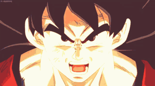 a close up of a cartoon character 's face with a caption that says ' goku ' on the bottom