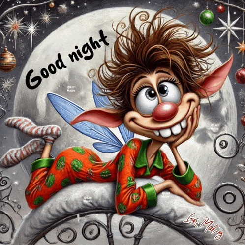 a cartoon of a fairy laying on a pillow with the words good night written on the bottom
