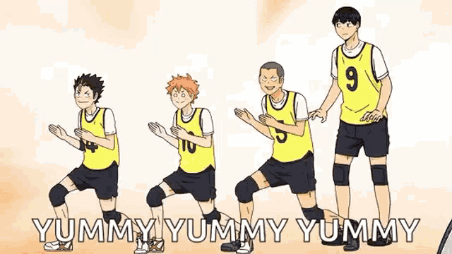 a group of volleyball players are doing a yummy yummy yummy dance together .