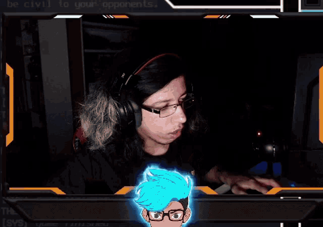 a man wearing headphones and glasses is playing a game