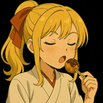 a girl with blonde hair and a red bow is eating food with chopsticks