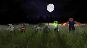 a group of zombies are walking through a grassy field at night .