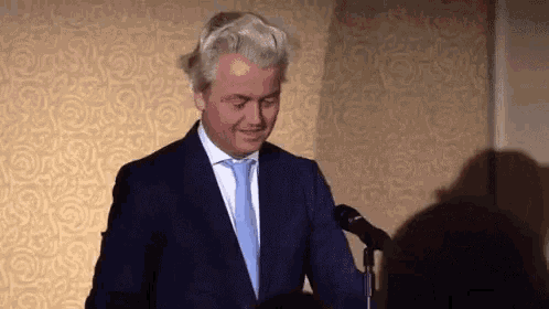 a man in a suit and tie is speaking into a microphone .