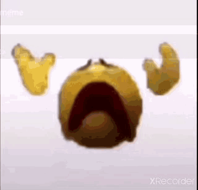 a yellow smiley face is crying with its mouth open and arms outstretched .
