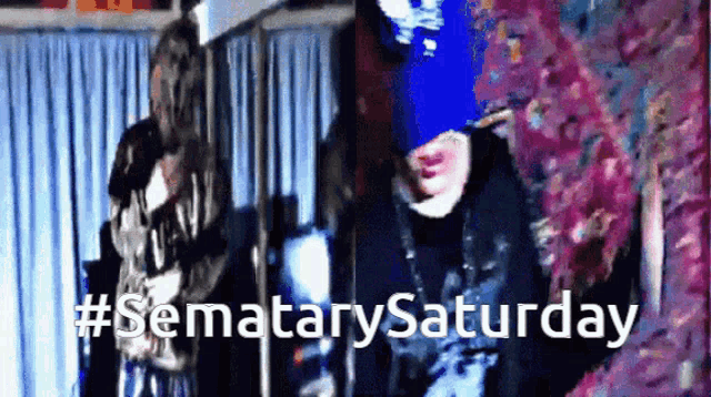 a man in a blue hat stands in front of a curtain with the words #sematary saturday on the bottom