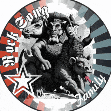 a circle with a picture of a monster and the words rock song family on it