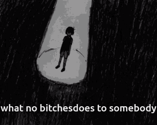 a black and white drawing of a boy with the words " what no bitches does to somebody " below it