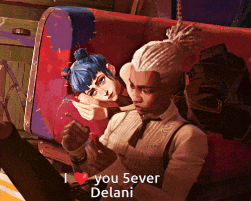 a couple of people sitting next to each other with the words " i love you sever delani "