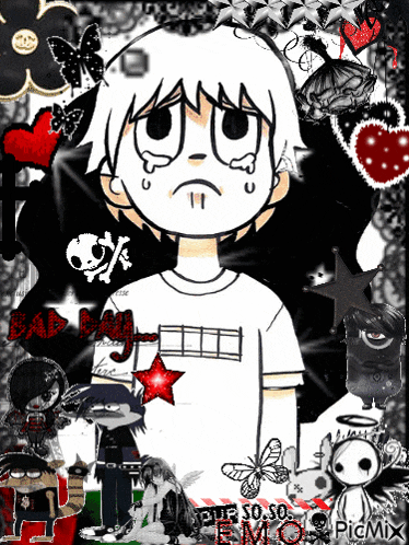 a black and white drawing of a boy with a sad look on his face and the words " emo " written on the bottom
