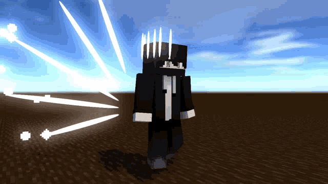 a minecraft character is standing in a field with white rays coming from his back
