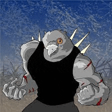 a cartoon of a pigeon with spikes on its arms and a black shirt .