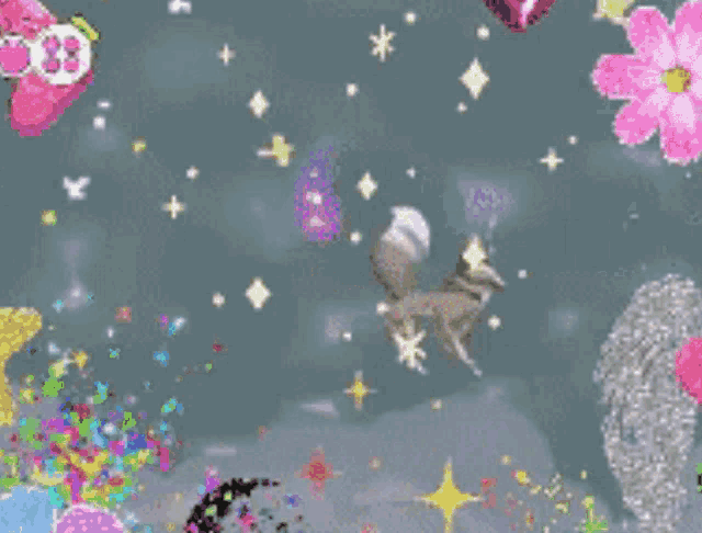 a pixel art of a wolf surrounded by flowers