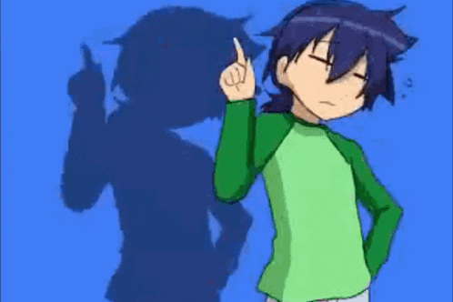 a boy in a black jacket and red shirt is pointing at something while standing in front of a blue background .