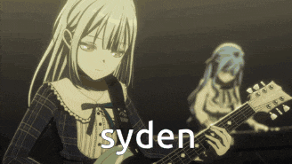a girl is playing a guitar and the word syden is on the bottom right