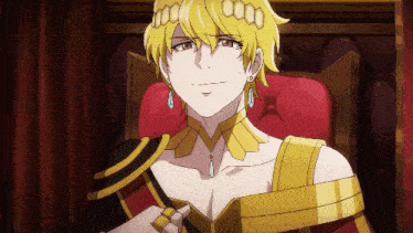 a man with yellow hair is sitting in a chair with a red curtain behind him